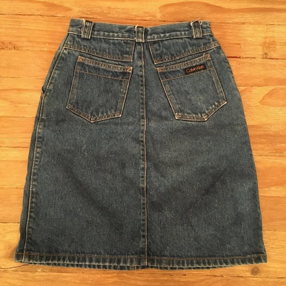 Vintage Calvin Klein 80s Juniors Size 9 Blue Medium Wash Denim Jean Skirt USA